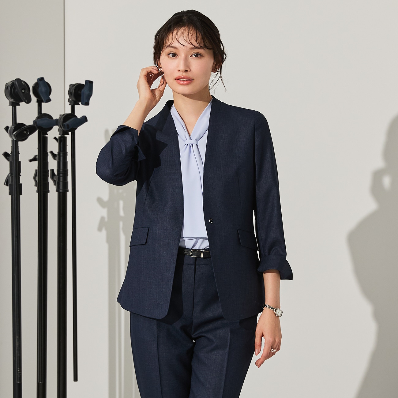 THE THIRD SUITS ノーカラージャケット 9分袖 麻調|O42_G261H555