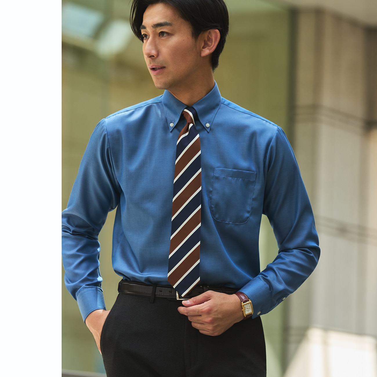 スーパーノンアイロンコットンシャツ ボタンダウン 織柄デニム調