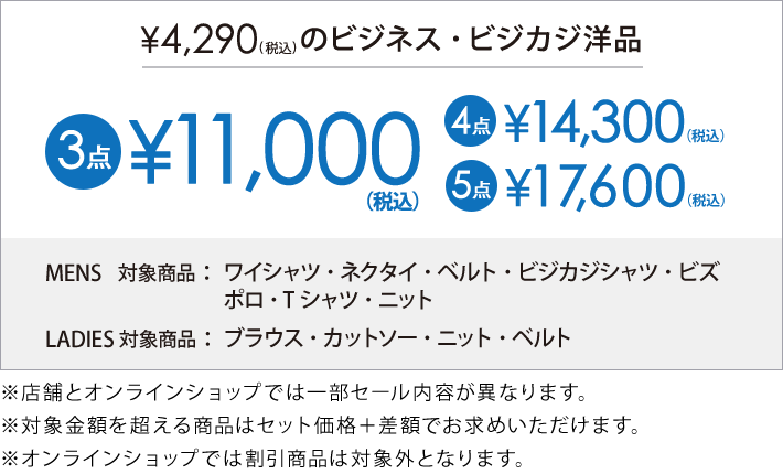 4,290円(税込)の対象アイテム3点で11,000円(税込)