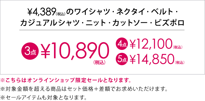 4,389円(税込)の対象アイテム3点で10,890円(税込)