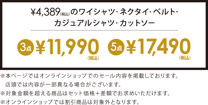 4,389円(税込)の対象アイテム3点で11,990円(税込)