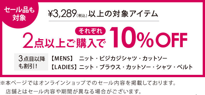 3,289円(税込)以上の対象アイテム2点で10%オフ