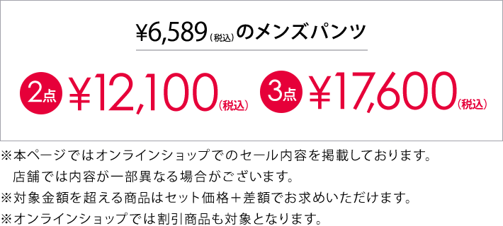 6,589円(税込)のメンズパンツ2本目以降12,100円(税込)