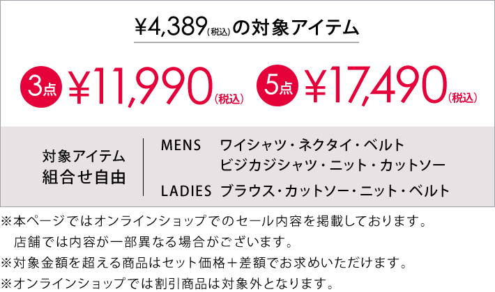 4,389円(税込)の対象アイテム3点で11,990円(税込)