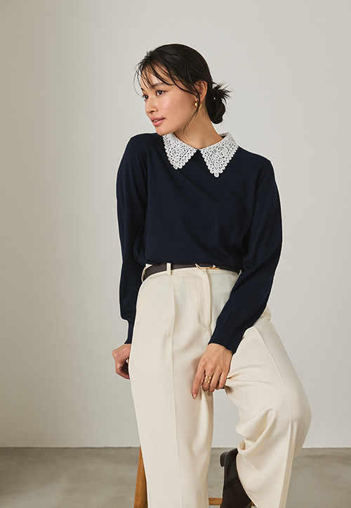 レース襟ニットプルオーバー