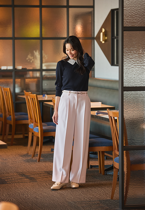 ORIHICAフラミンゴPANTS®のピンクタックワイドパンツ