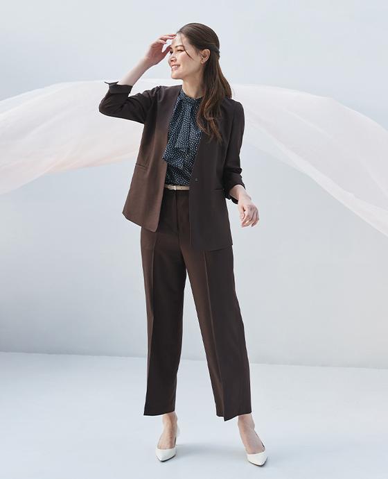 Brown collarless jacket on and off