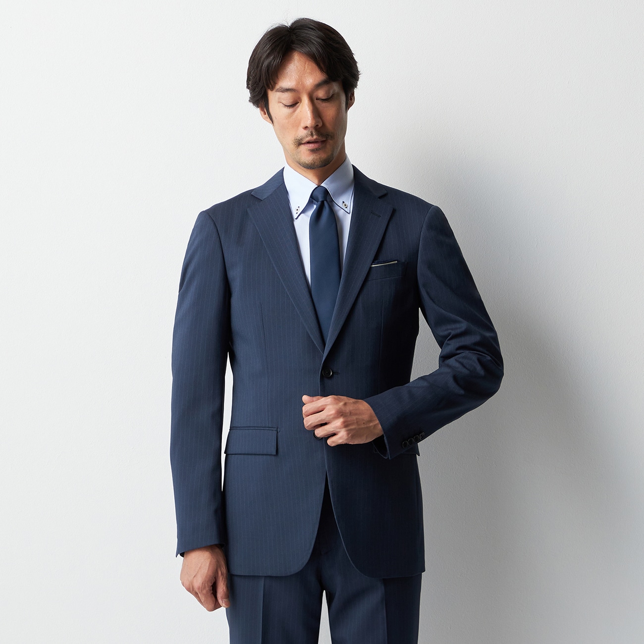 【美品】ORIHICA ビジネススーツ　ブルー　ストライプ　A6 大きいサイズ オリヒカ ORIHICA スーツ ストライプ ネイビー
