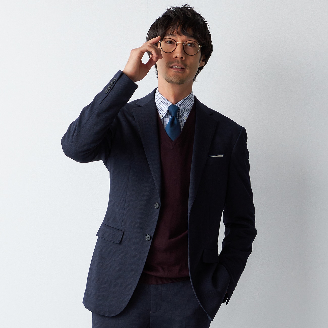 スマートジャージースーツ 紺グレンチェック 2つボタン 10month