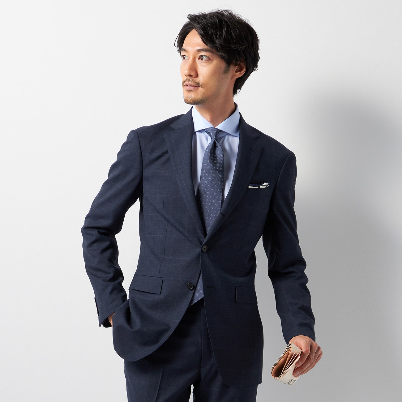 6スタイル スーツ 紺ウインドーペン 3つボタン段返り 10month