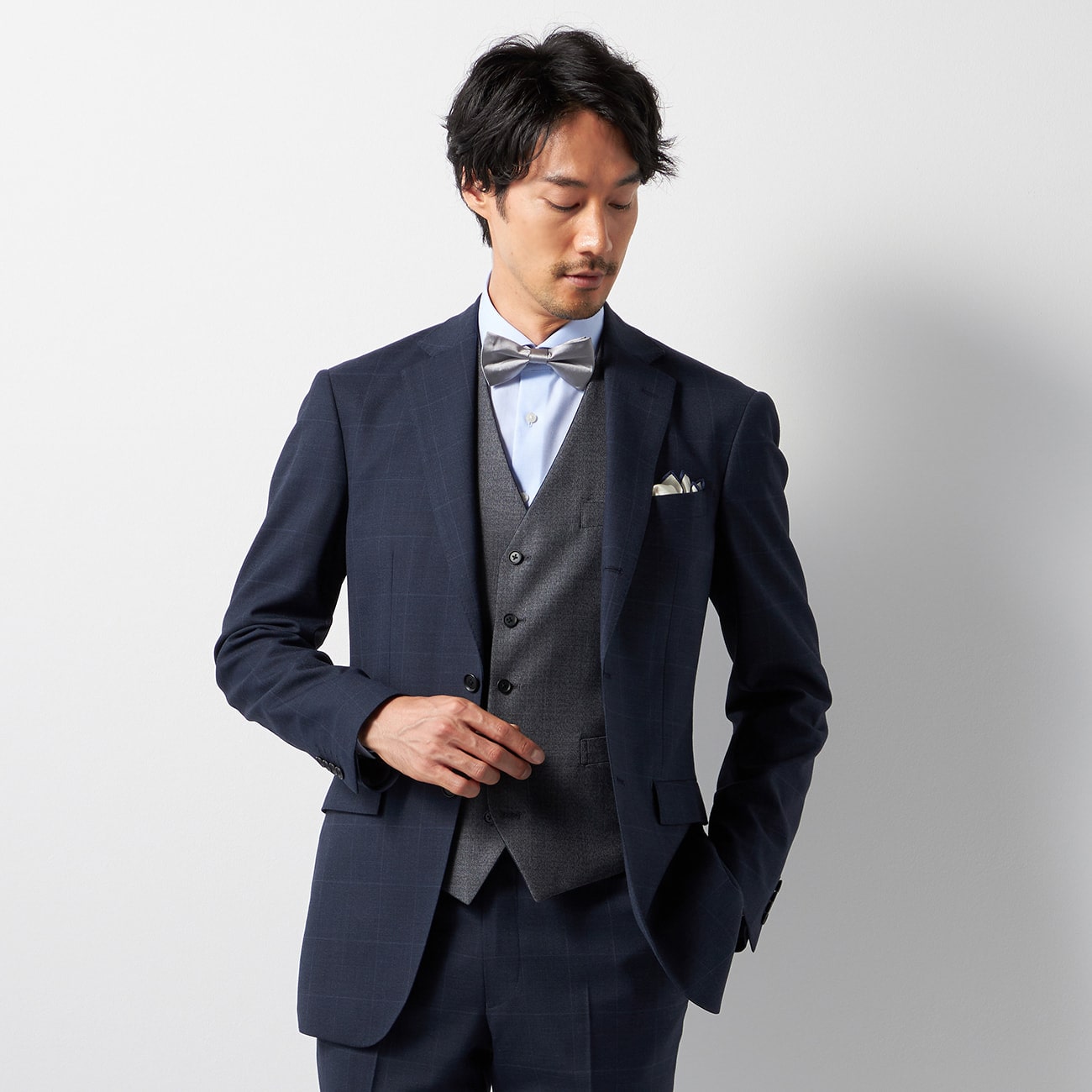 6スタイル スーツ 紺ウインドーペン 3つボタン段返り 10month