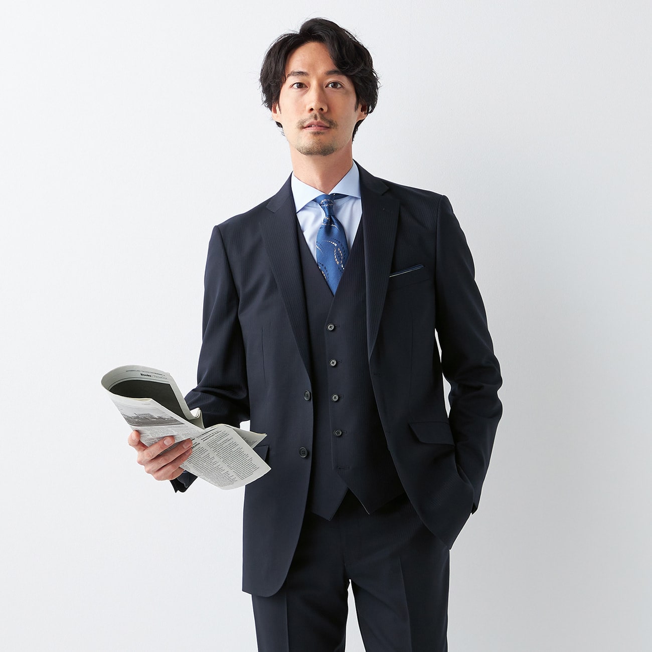 【美品】オリヒカ 3ピース セットアップスーツ Sサイズ ダークネイビー 小紋柄