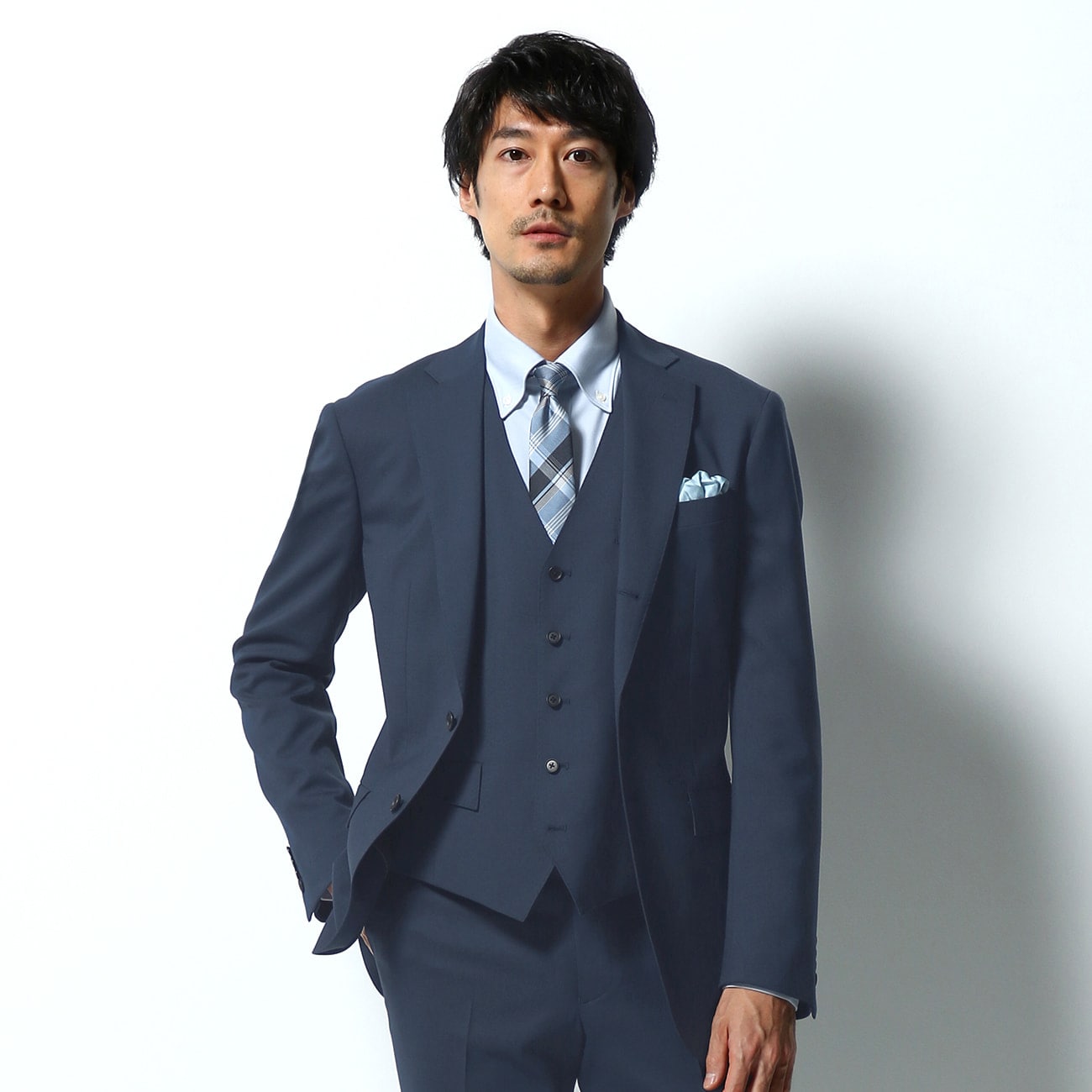 光沢 ベネシャンストレッチ 紺無地 スーツ 2つボタン 10month オリヒカ ビジネススーツ 紺 ORIHICA 光沢 ベネシャン ベスト表裏着用可 3P 紺 無地 スーツ
