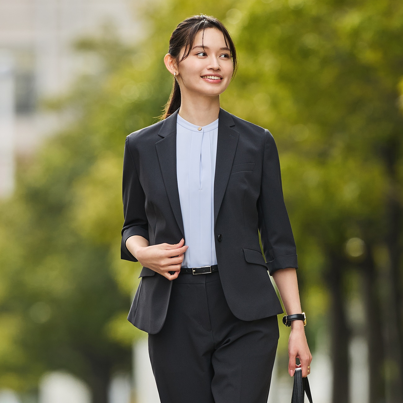 洗えるストレッチセットアップ ノッチジャケット 7分袖 千鳥