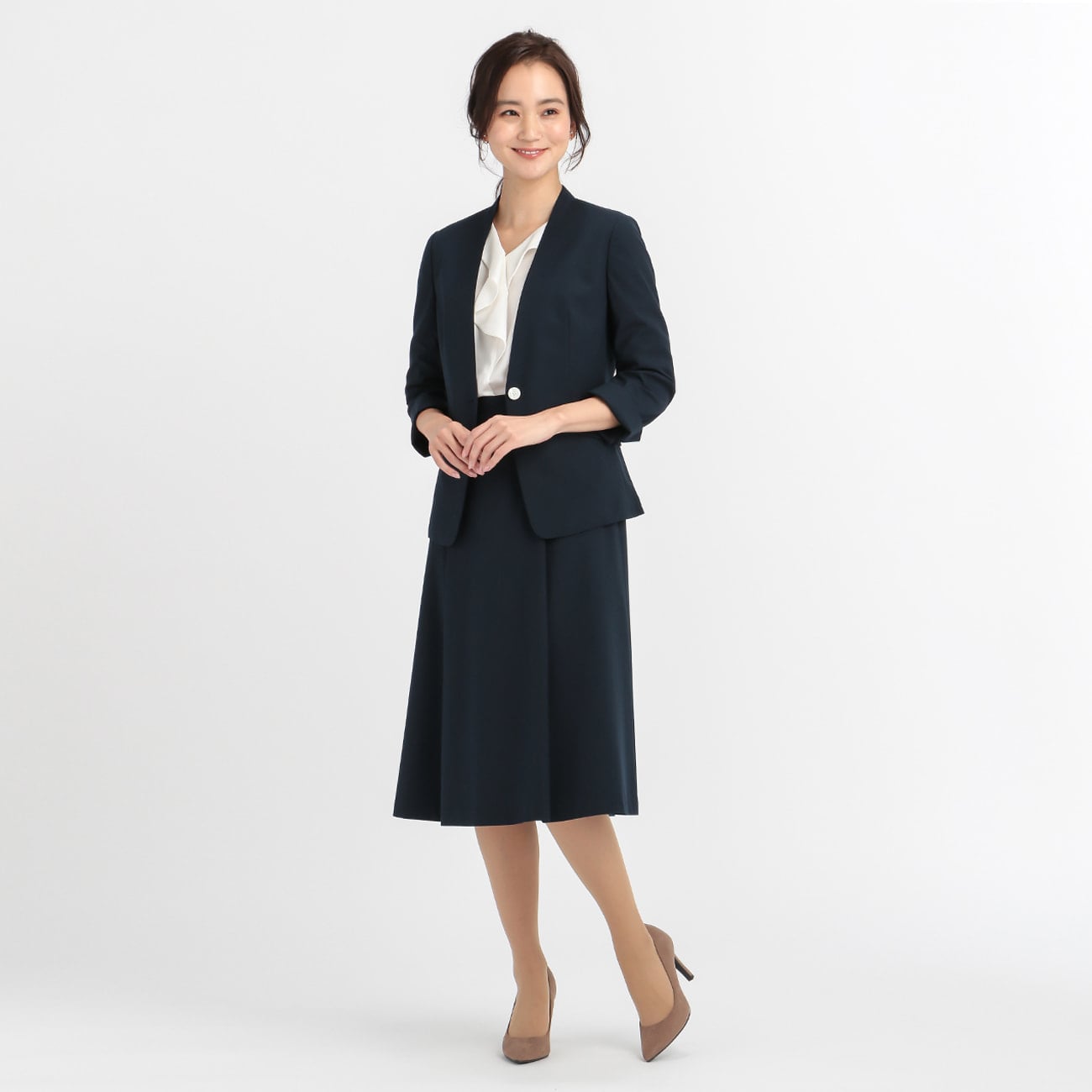 アウトレット]THE 3rd SUITS 洗える ストレッチ 紺 ノーカラー 