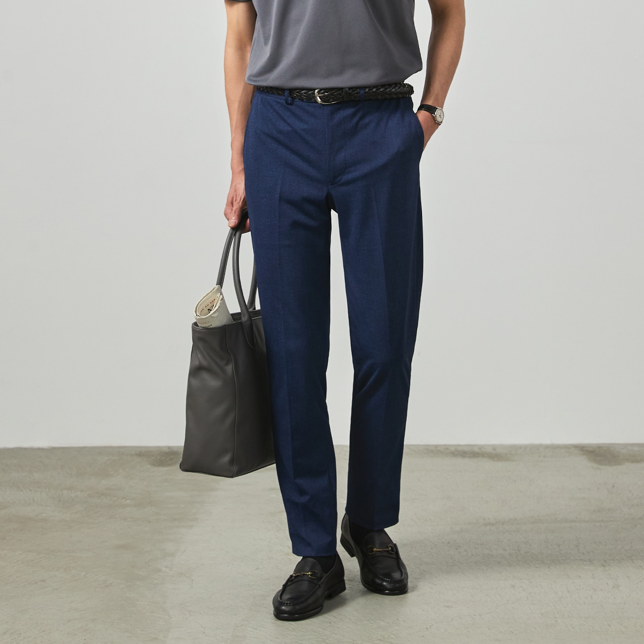 A16584 極美品 ボリオリ シャンブレースラックス ブルー 44 THE THIRD SUITS（SUPERCOOL） スラックス 高通気 裾上げ済み