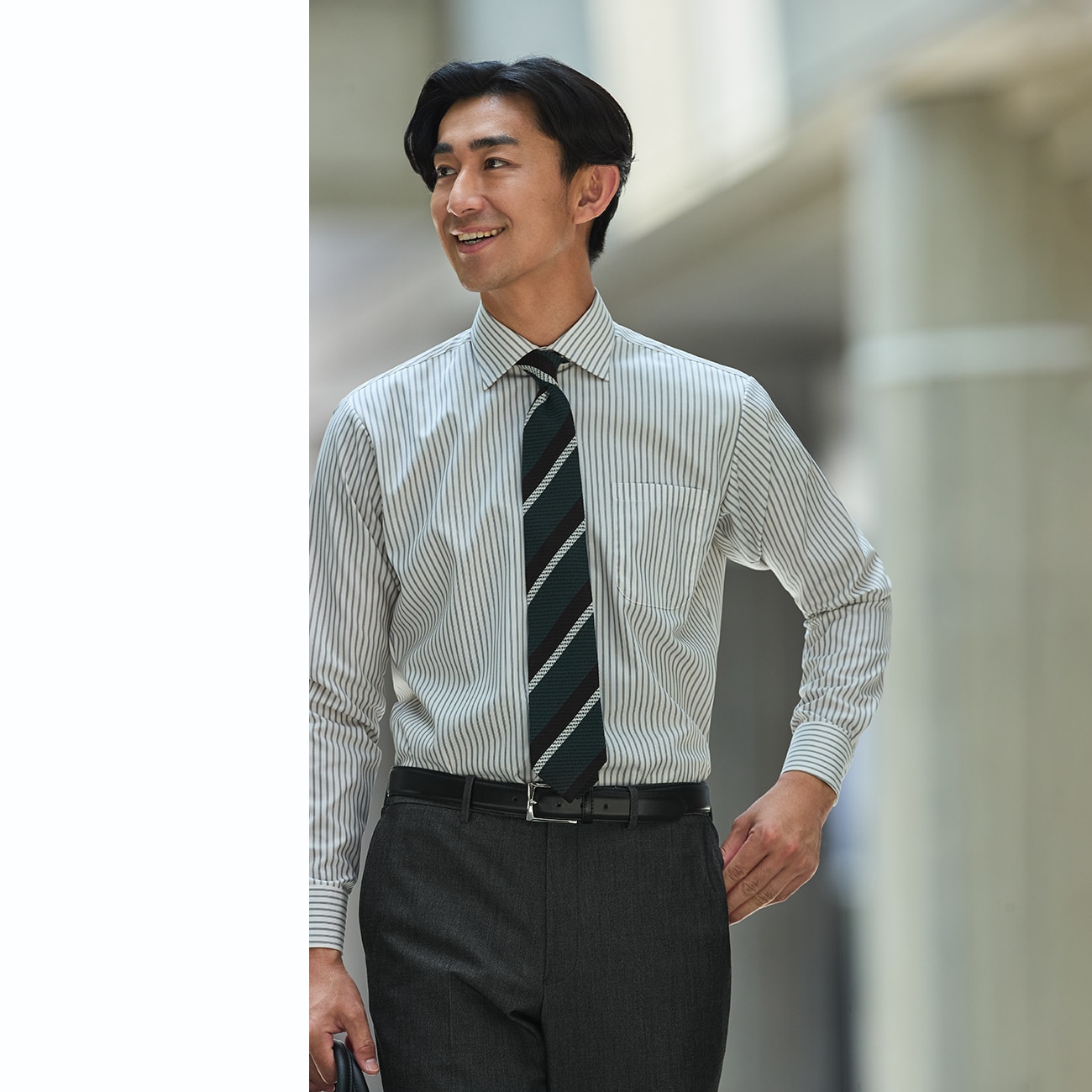 スーパーノンアイロンコットンシャツ ワイドカラー ストライプ