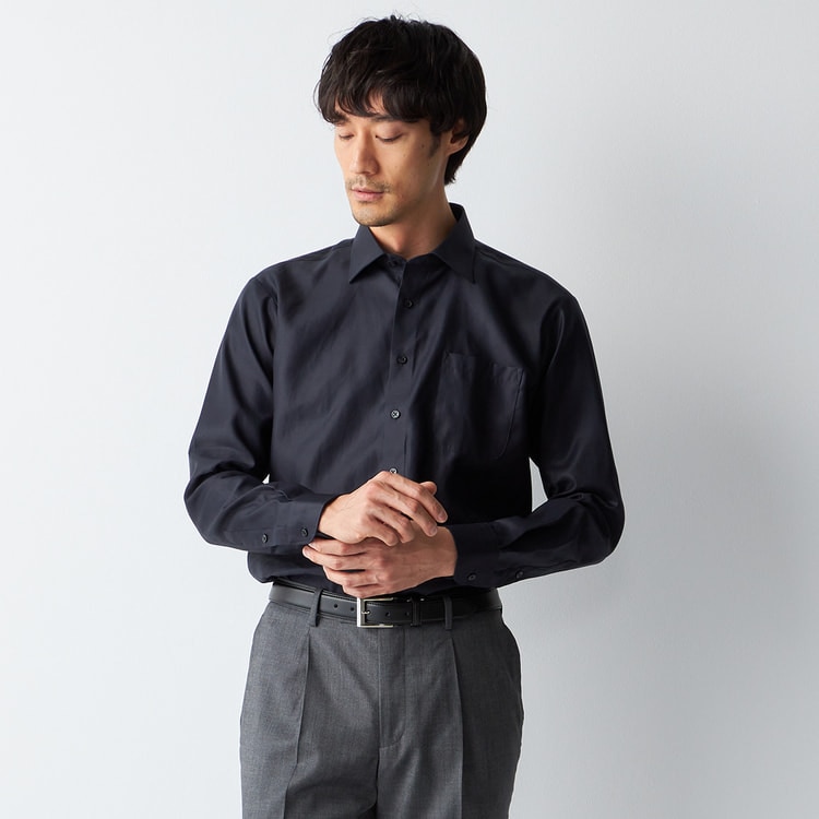 スーパーノンアイロンコットンシャツ 黒ワイドカラー 織柄 