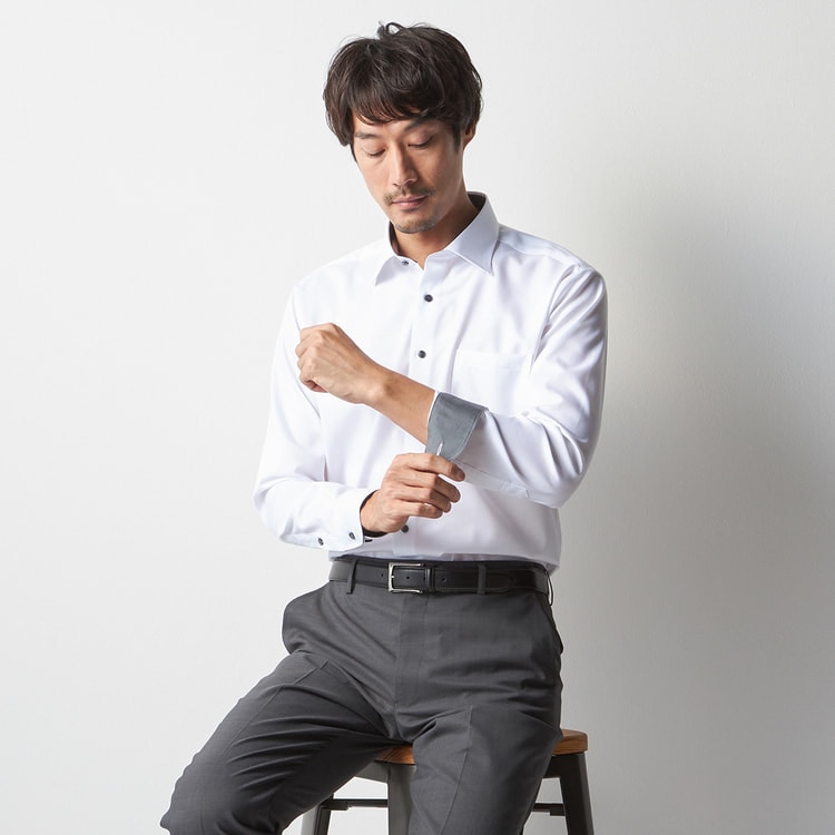 スーパーノンアイロンコットンシャツ ワイドカラー 織柄
