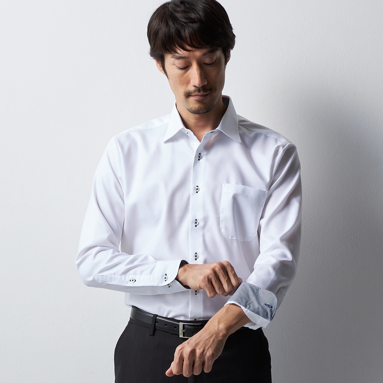 スーパーノンアイロンコットンシャツ ワイドカラー 織柄