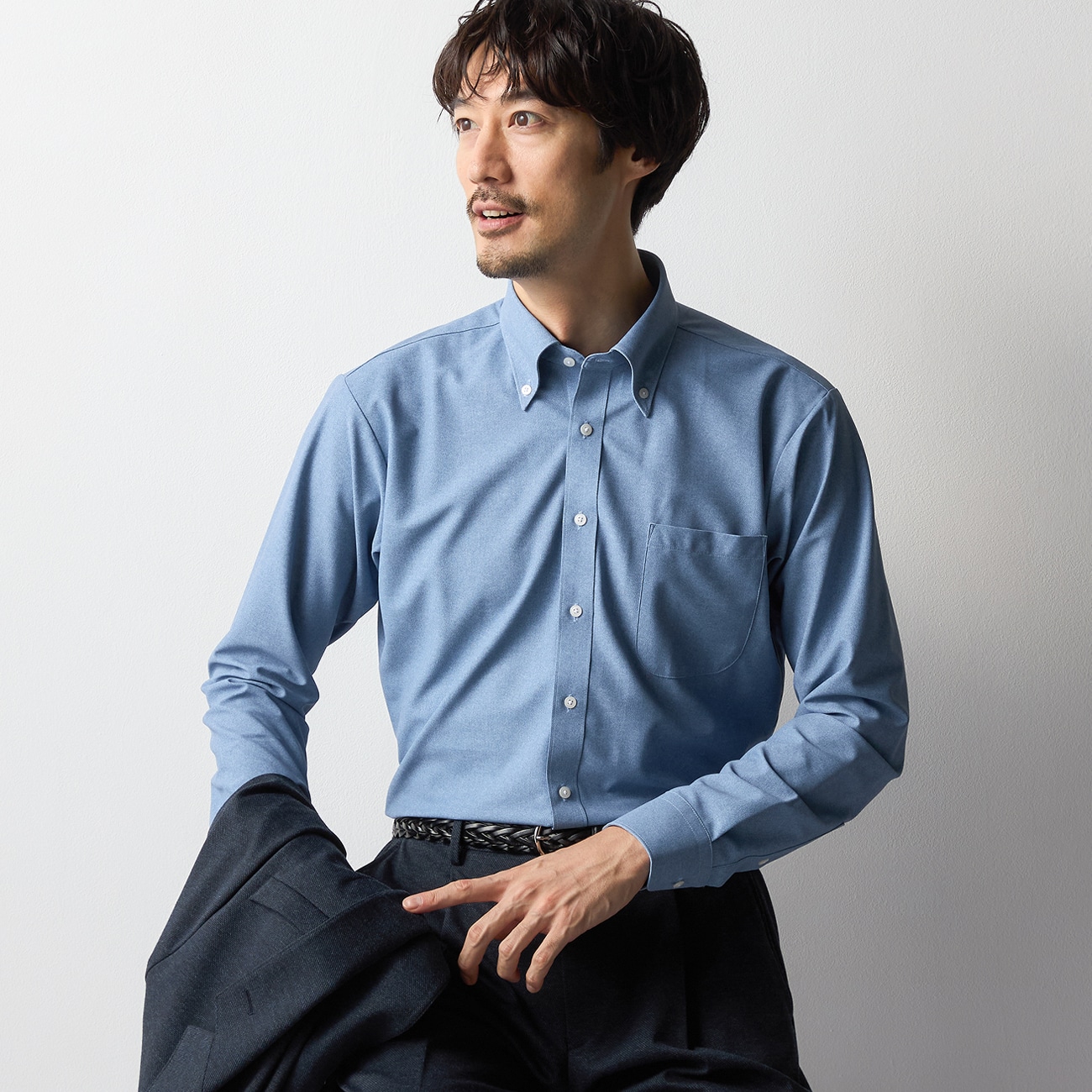 スーパーノンアイロンDRY DRYシャツ ボタンダウン 織柄デニム調