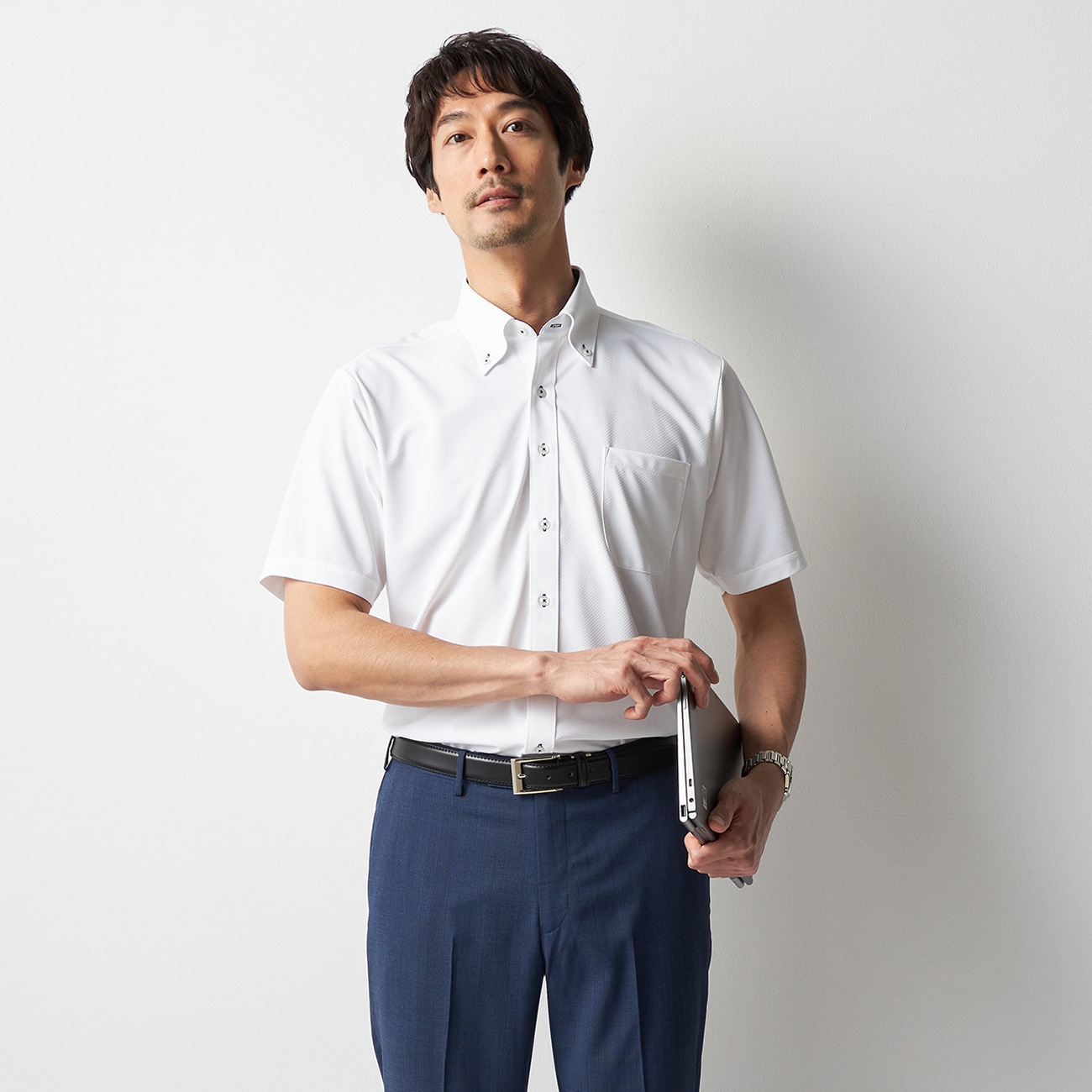 スーパーノンアイロンドライドライ半袖シャツ ボタンダウン 織柄