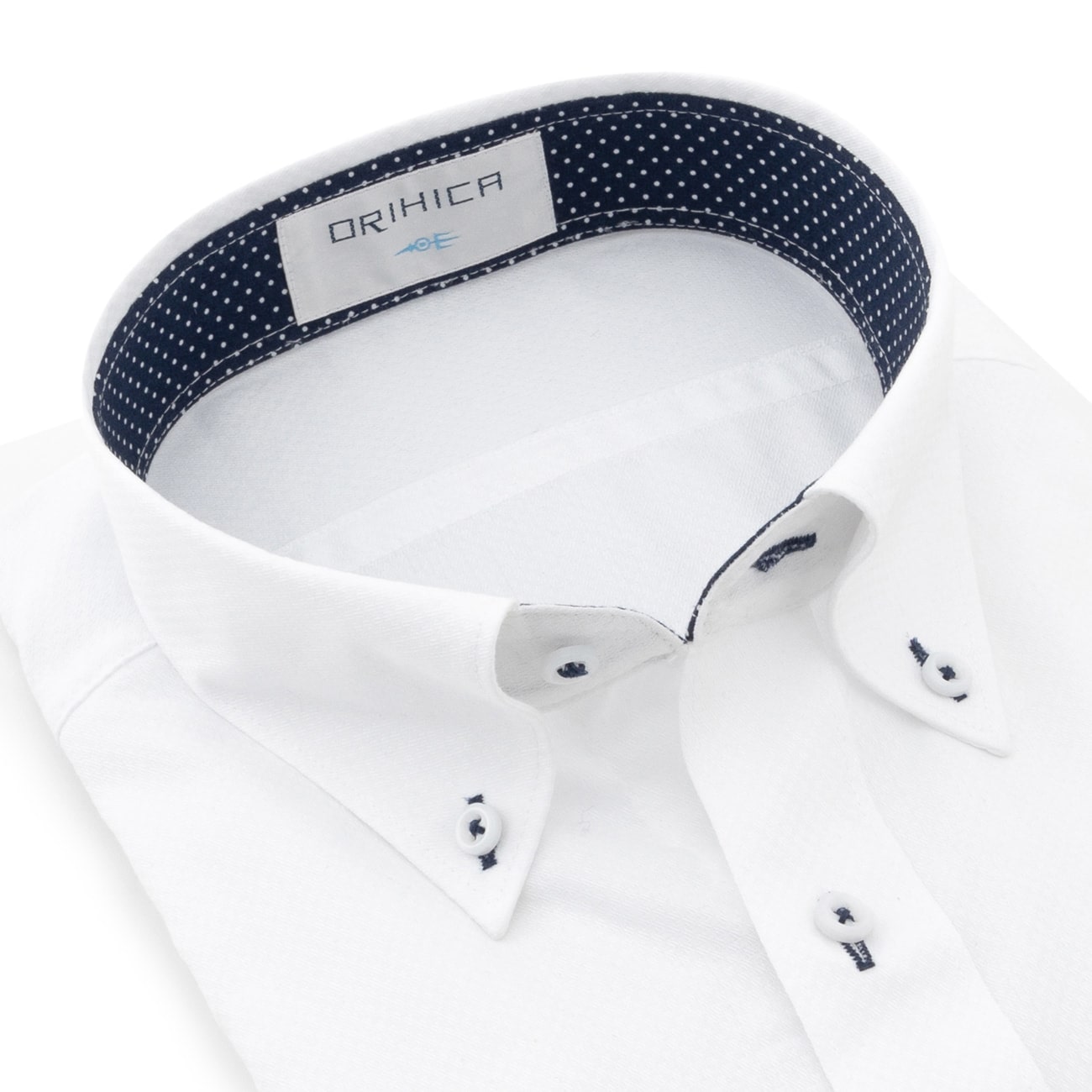 スーパークールノンアイロンシャツ Coolmax 白ボタンダウン 織柄切替紺ドット O49 Mtlb3252 Orihica 公式通販