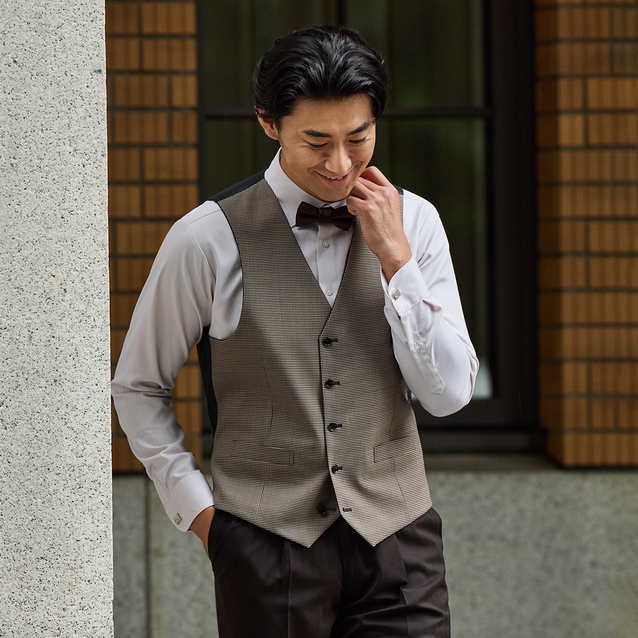 リバーシブルベスト 茶シャドウストライプ・ベージュ千鳥