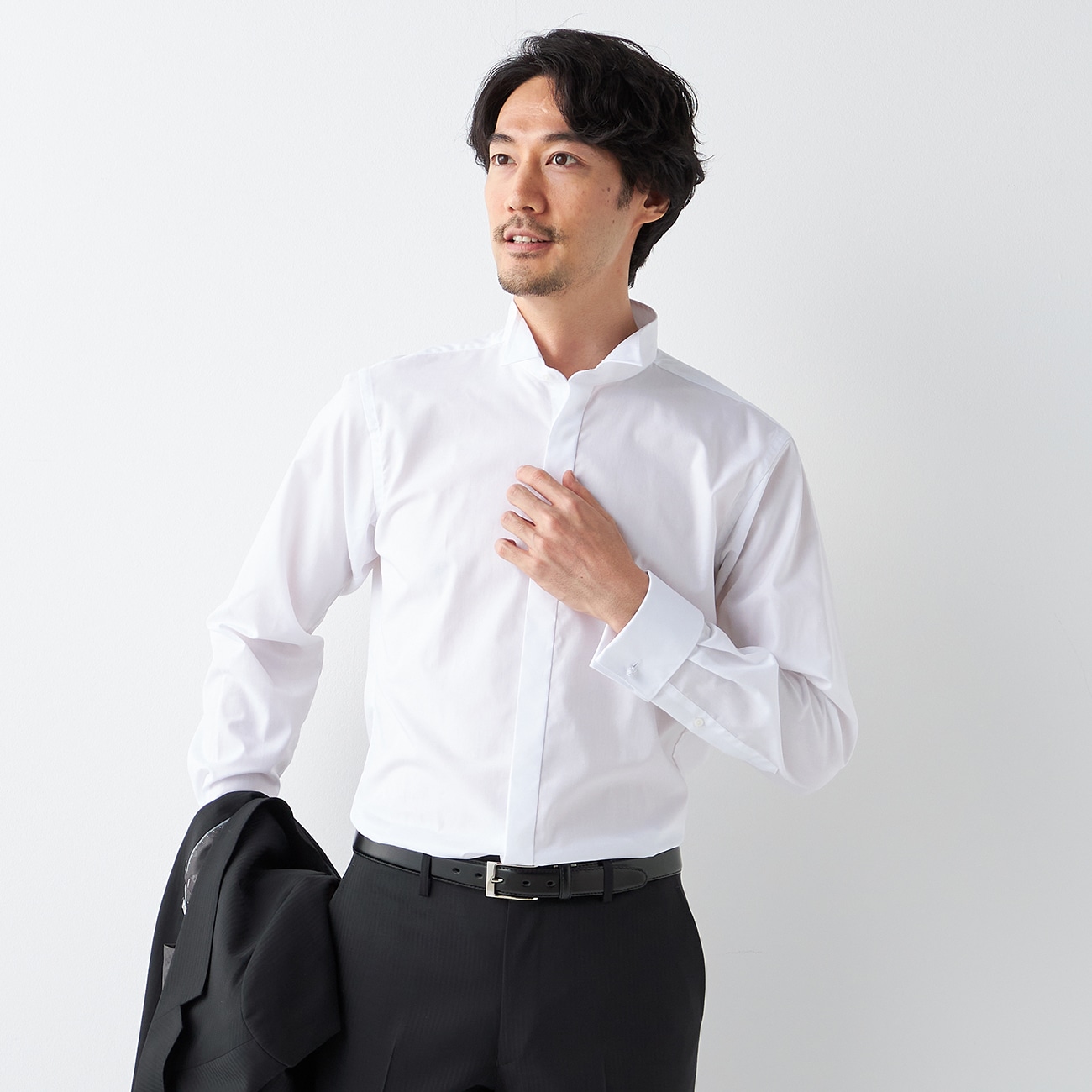 形態安定 綿100% ウイングカラーシャツ 白無地