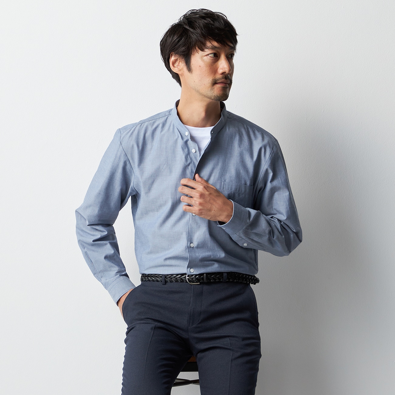 WEB限定】ビジカジシャツ シャンブレー バンドカラー