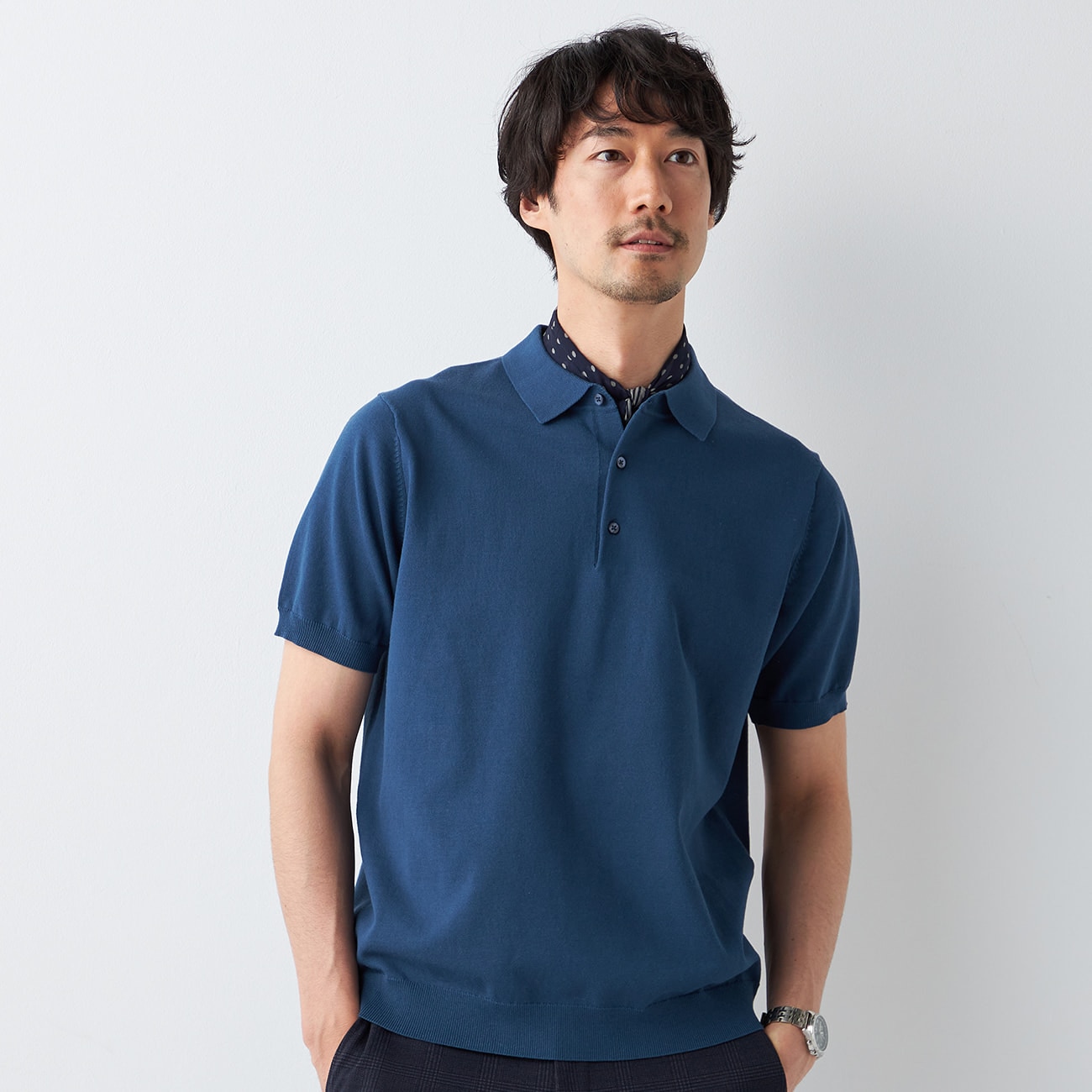 水玉半袖ポロシャツ　L  紺　ネイビー　レディース