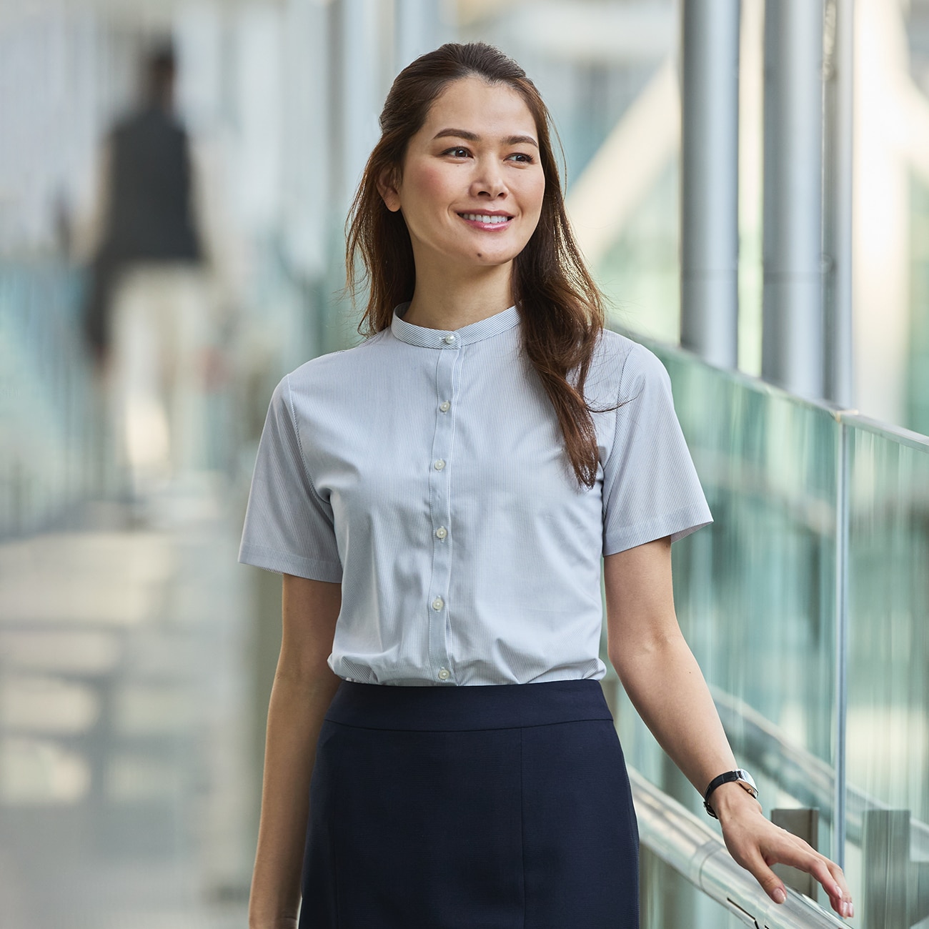 きちんと楽さらシャツ 半袖 ストライプ バンドカラー|O74_NBRHSS