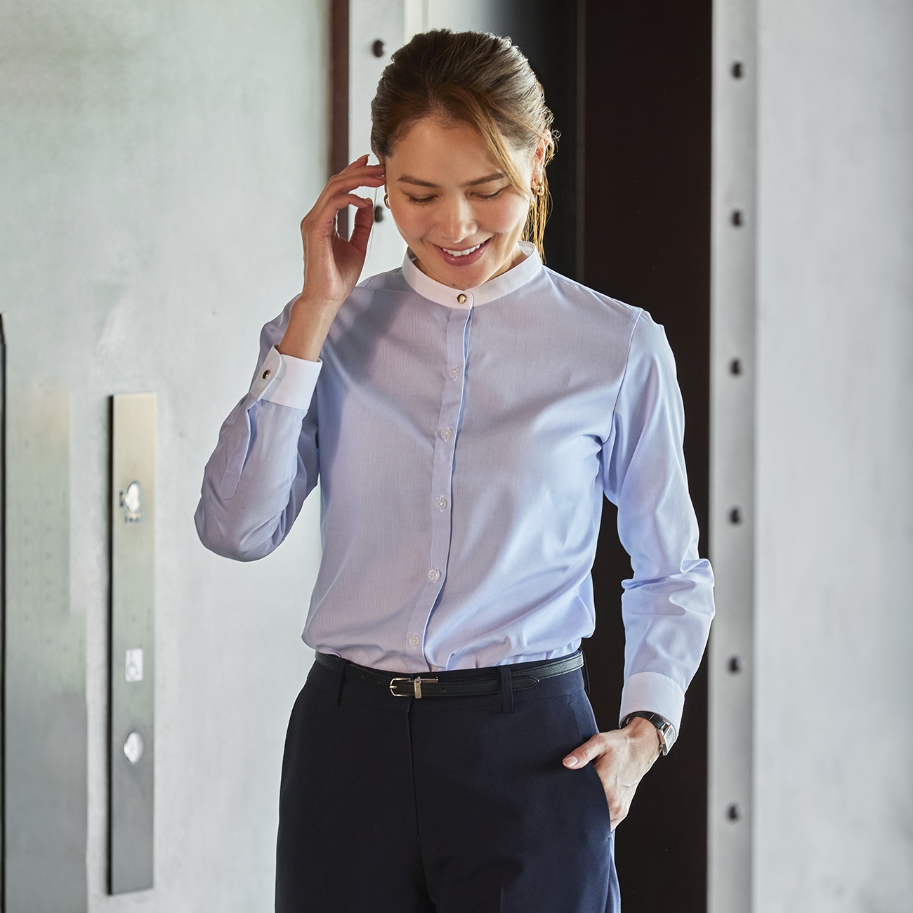 SUPER NON-IRON COTTONシャツ バンドカラー