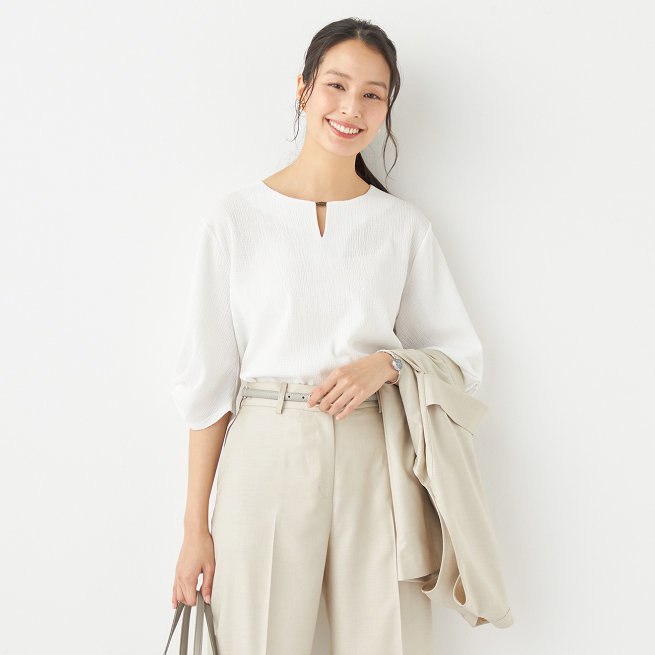 アウトレット]ORIHICA美ラクるブラウス ふくれジャガードパーツ付