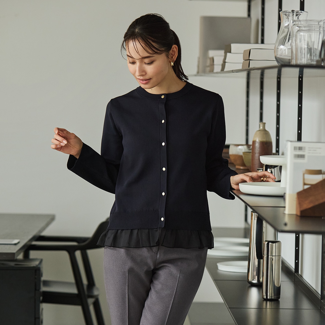 ORIHICA美ラクるニットCOMFY シフォン付きカーディガン