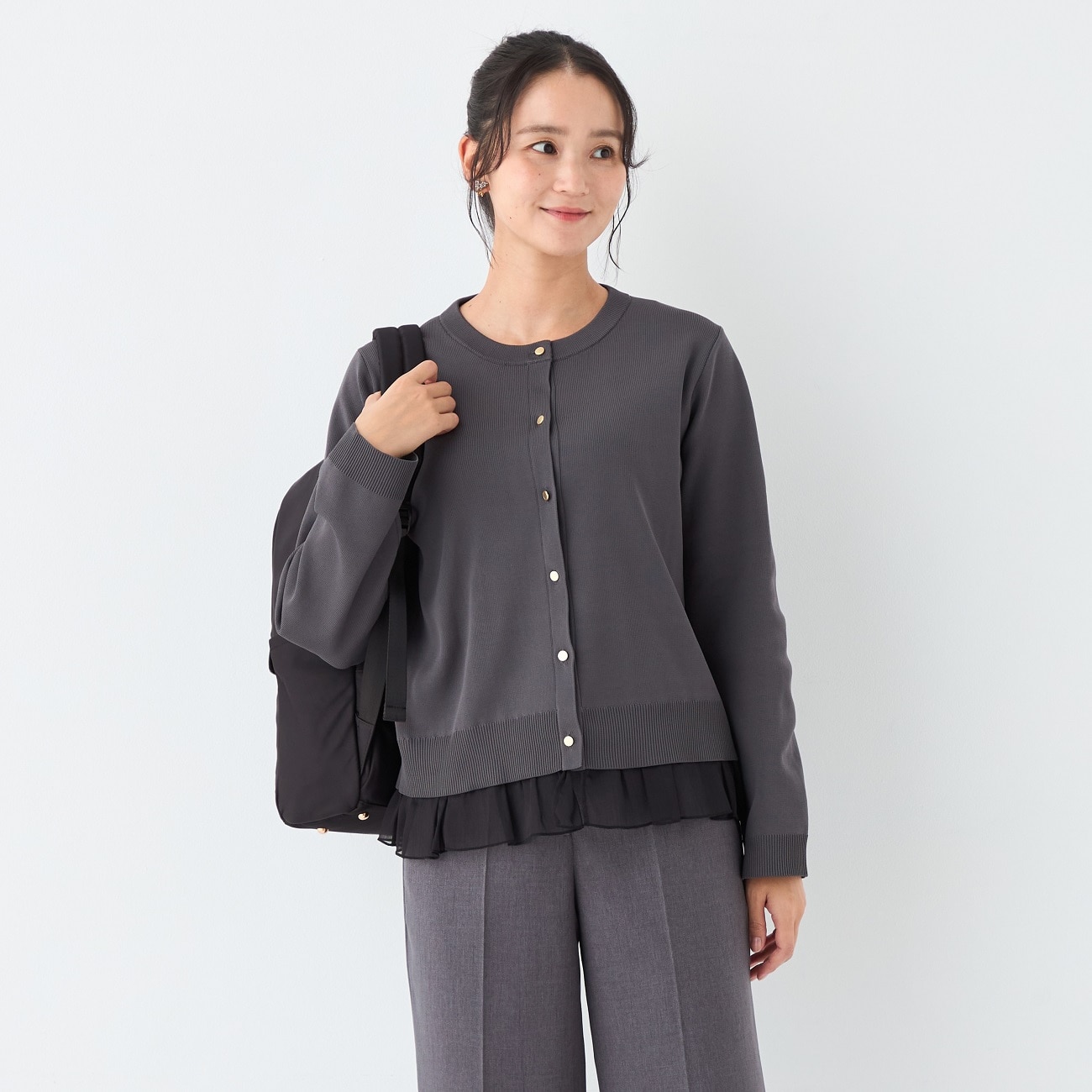 ORIHICA美ラクるニットCOMFY シフォン付きカーディガン