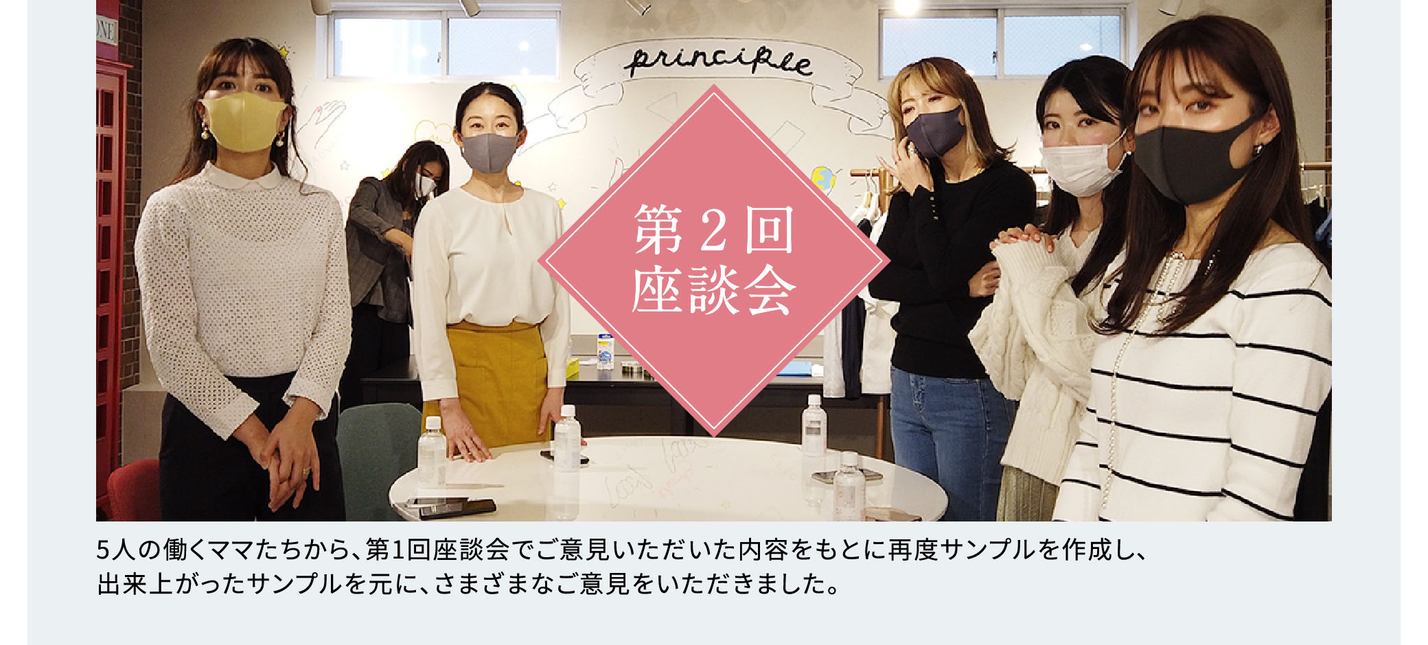 第2回座談会 5人の働くママたちから、第1回座談会でご意見いただいた内容をもとに再度サンプルを作成し、出来上がったサンプルを元に、さまざまなご意見をいただきました。